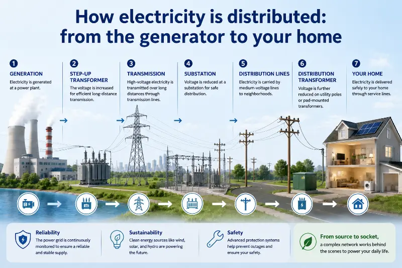 Bagaimana tenaga elektrik diagihkan: dari penjana ke rumah anda?
